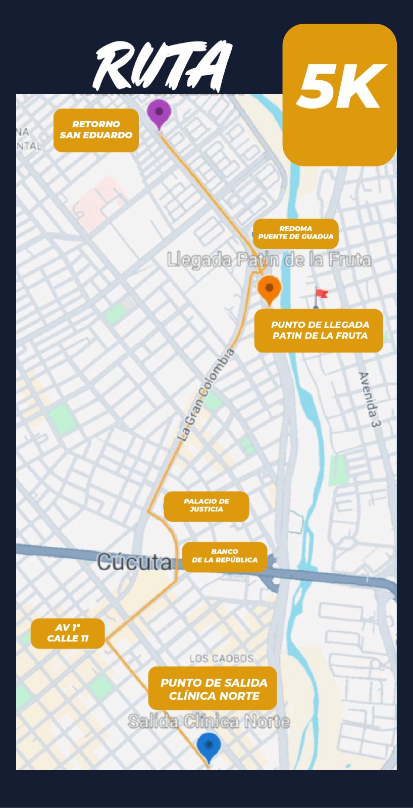Mapa oficial del recorrido 5K de la Carrera Atlética Clínica Norte 2026