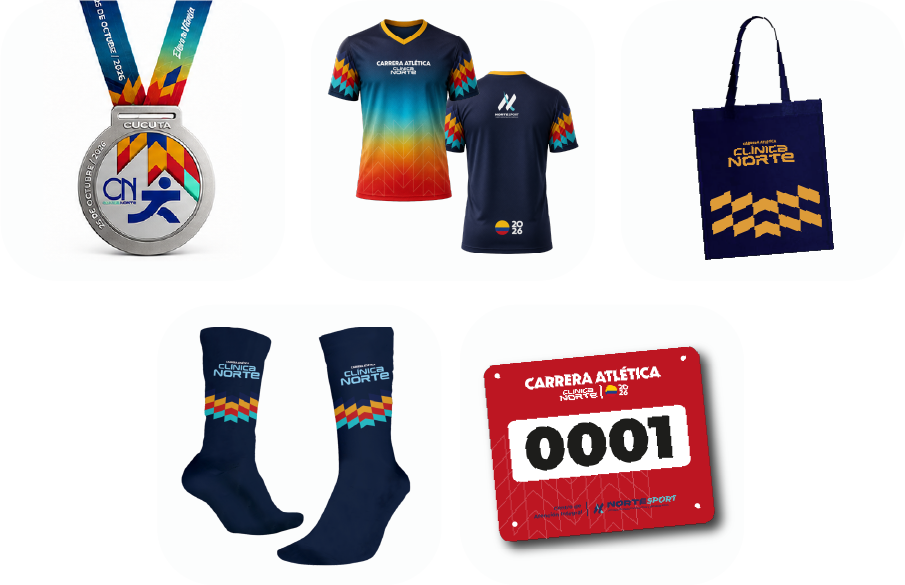 Kit oficial 2026: medalla, camiseta, bolsa de tela, medias y dorsal con chip